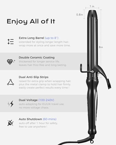 1.25in Double Ceramic Curling Iron by Funbugs – 8in Barrel, 5 Heat Settings, Auto Shut-Off