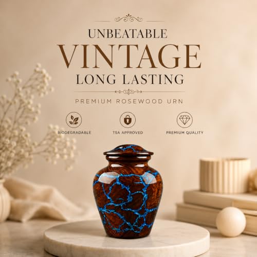 Small Cremation Urn for Human Ashes - Vintage Rosewood Keepsake Memorial - Blue Resin Inlay - 20 Cubic Inches