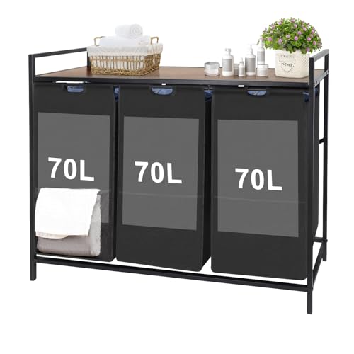 Large 3-Section Laundry Hamper with Storage Shelf - 210L Capacity, Clothes Organizer