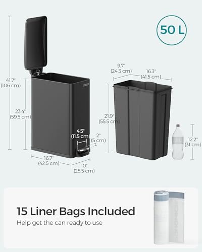 SONGMICS 13-Gallon Slim Kitchen Trash Can with Lid - Black, Stainless Steel