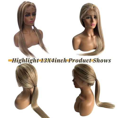 18 Inch Ash Brown Lace Front Wig with Highlights - Human Hair, Glueless, Pre-Plucked, Ombre Blonde & Brown Variation #8T18P60