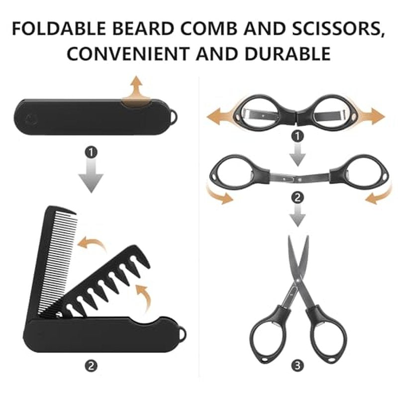 Beard Brush Beard Comb Set for Men, 7 IN 1 Facial Hair Grooming Kit with Boar Bristle Beard Brush, Wood Beard Comb, Silicone Soft Cleaning Brush, Mustache Scissors, Travel Foldable Beard Brush Comb