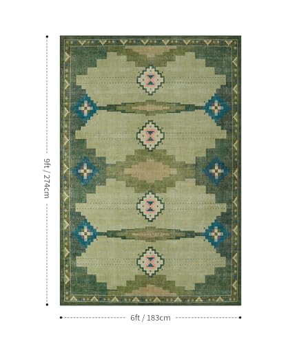 Green Washable Mid Century Modern Area Rug 6x9 Feet for Living Room - Southwestern Pattern