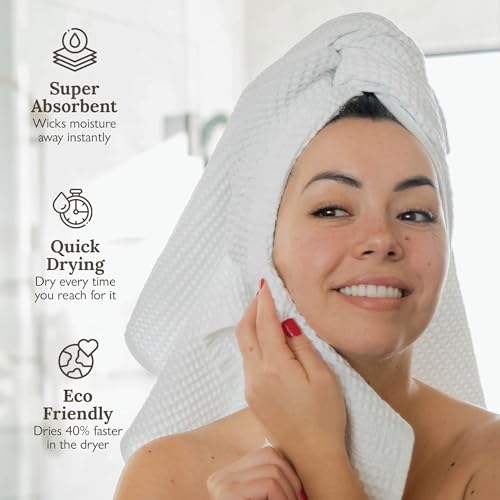 White Waffle Towels Set of 2 - Quick Dry Cotton Bath Towels, Large & Absorbent