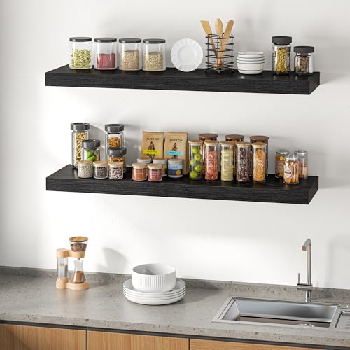 48-Inch Deep Black Floating Shelves Set of 2 - Wall-Mounted Storage for Living Room Bedroom Kitchen