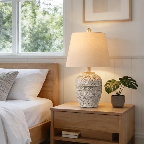 Farmhouse Ceramic Table Lamp with Linen Shade, Natural Earth Tone Finish