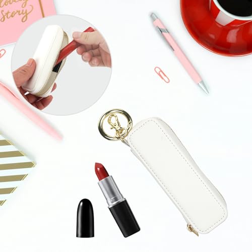 Leather Lipstick Holder Keychain Pouch - White Travel Makeup Organizer