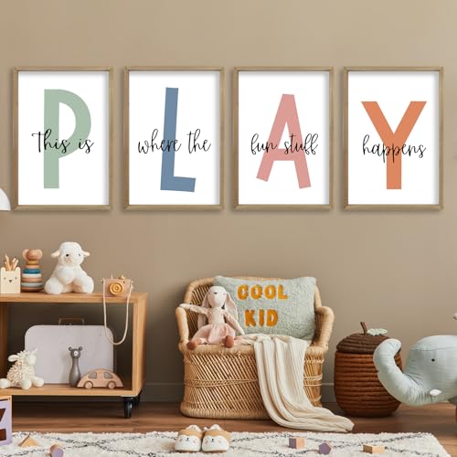This Is Where The Fun Stuff Happens Kids Playroom Wall Art 24"×16" Wood - 4-Piece Set