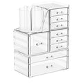 SuoXing 3 Pack Clear Acrylic Makeup Organizer for Vanity With 9 Drawer, Skincare Organizers Countertop With Make up Brush Holder,Bathroom Make up Drawer Storage for Beauty,Hair Accessories Organizer | Cute, with Brush Holder, Lipstick