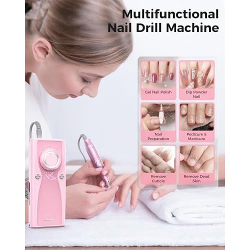 Electric Nail Drill Professional Kit: 45,000 RPM USB Rechargeable Efile Nail Drill Nail File with 12 Bits for Polishing Gel/Acrylic Nails- Portable Manicure Tool Set for Salon/Home-Pink