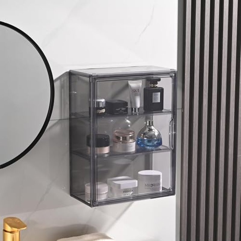 3PACK 3 Tiers Acrylic Display Case with 2 Division Boards, Acrylic Storage Organizers Box with Magnetic Door, Wall-Mounted Dustproof Showcase for Makeups, Purses, Figure