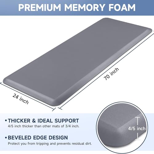 4/5 Inch Thick Memory Foam Kitchen Mat - Grey, 70 x 24 Inches, Anti-Fatigue Rug for Standing