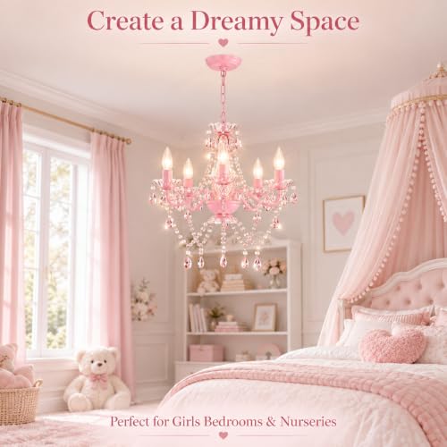 Pink Crystal Chandelier for Girls Bedroom - 5-Light Ceiling Fixture, Adjustable Height