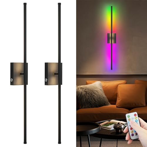 Black Wireless Wall Sconce Set of 2 with 10000mAh Battery & Remote - RGB Color, Dimmable, 70H Runtime