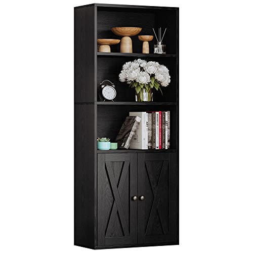 IRONCK Vintage Black Industrial Bookshelves with Doors & Shelves, 5-Tier Tall Storage