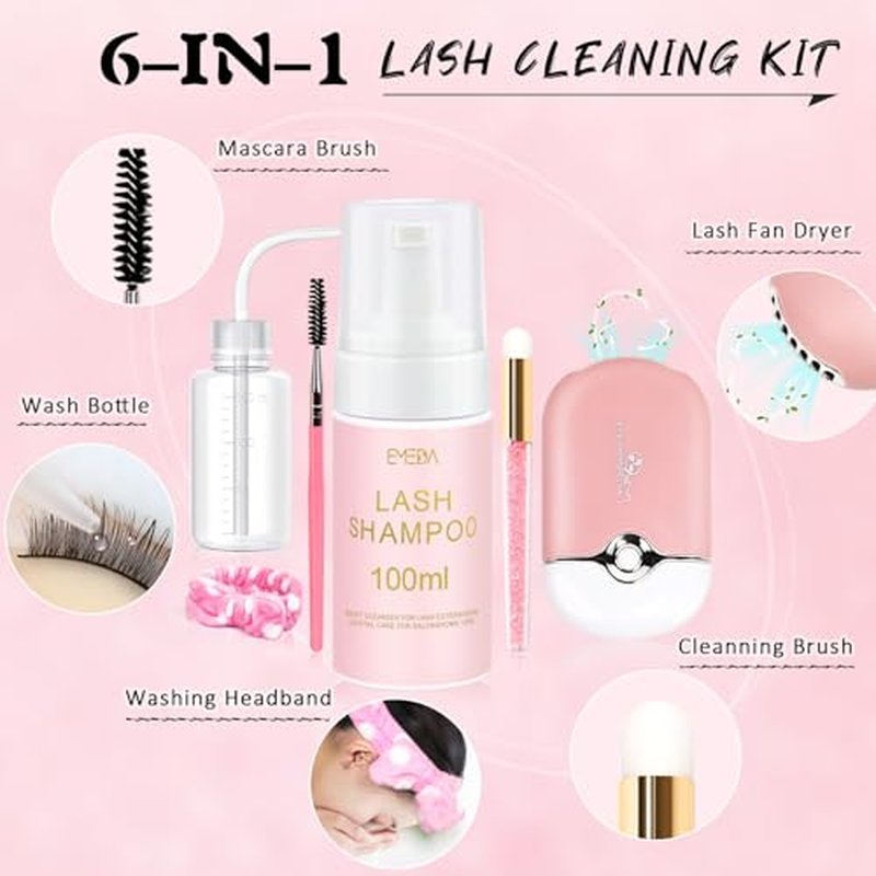 EMEDA Lash Shampoo for Lash Extensions Lash Cleaning Kit with Lash Fan Dryer, Brush, Wash Bottle, Hair Band, Oil Free Foam Soap Cleaner Lash Bath Kit, Lash Wash Eyelash Extension Cleanser