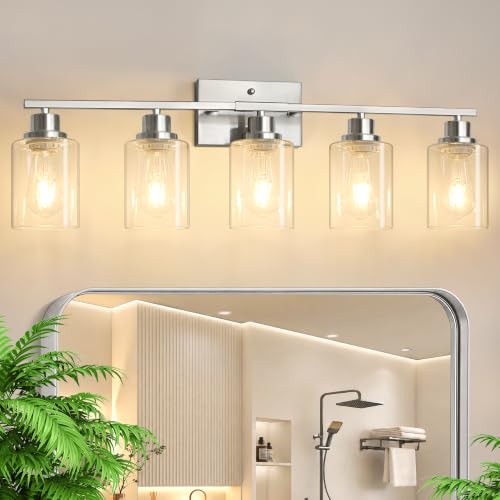 Brushed Nickel 5-Light Bathroom Vanity Light Fixture with Clear Glass Shades – Reversible Mounting