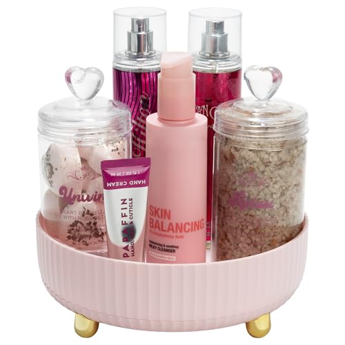 Paris Hilton 360¡Æ Rotating Makeup Organizer Tray, Large Capacity for Skincare & Beauty Essentials, Fluted Design with Gold Accents, 8.75-Inch, Pink