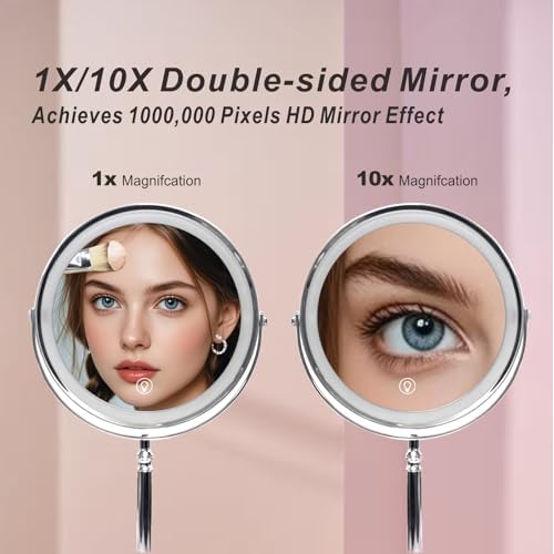 Makeup Mirror with Lights £¬8 Inch 1X/10X Rechargeable Double Sided Magnifying, 360¡Æ Rotation LED HD Mirror with 3 Colors£¬Brightness Adjustable, Gifts for Wowen & Men