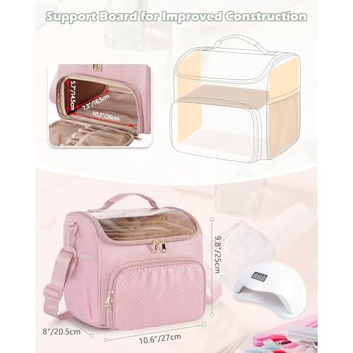 Nail Polish Organizer Bag Holds 42 Bottles(15ml/0.5 fl.oz), Double Layer Nail Storage Case for Gel Polish and Manicure Tools, Travel Nail Bag, Pink