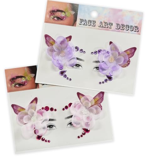 Rhinestone Eye Gems with Fabric Butterflies & Flowers, Self Adhesive Purple and Red Face Gems for Women, Elegant Eye Jewel Stickers for Halloween and Festival Wedding Party Makeup