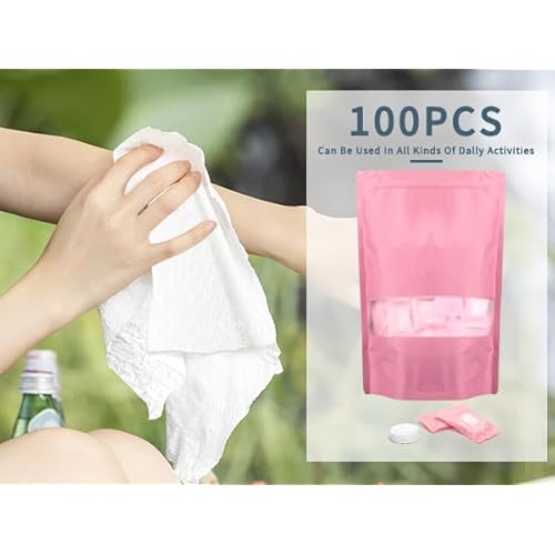 Classycoo Compressed Towel 100 PCS Tablets - Thick, Individually Wrapped Portable Disposable Face Towel Cotton Coin Cloth for Travel, Camping, Hiking, Beauty, Wipes(Soft, Odorless, 9.64 x 7 IN)