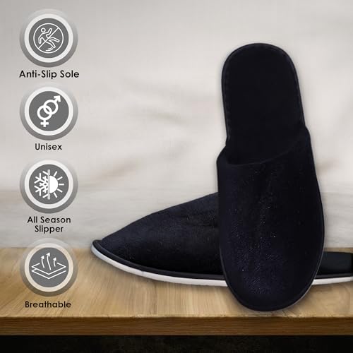 Indoor Spa Slippers 6?12 Pairs ? Unisex Washable, Non-Slip Closed Toe Disposable Slippers for Guests, Bathroom, Bedroom, Hotel, House, Bride, Travel and Shoeless Home