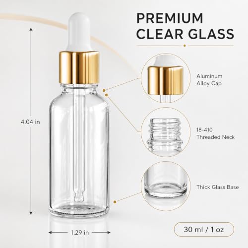 1oz Clear Glass Dropper Bottles Bulk Pack of 99 with Leakproof Gold Caps – Essential Oils, DIY Serums, Storage