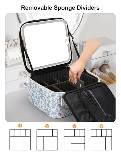 Blue Flower Travel Makeup Bag with LED Mirror & Dividers - Small