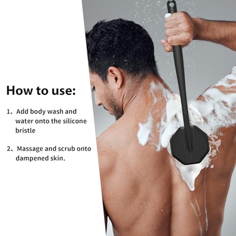 iTokGoK¢ç Premium Silver-Infused Silicone Back Scrubber with Long Handle Back Brush for Shower,Back Brush Long Handle for Men and Women,Ergonomic No-Slip Handle, Long-Lasting (Black)