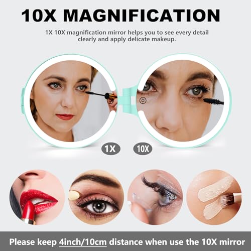 7 Inch Rechargeable Folding Double Sided Makeup Mirror with Lights - Cyan