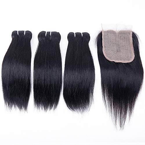 Brazilian Straight Human Hair Bundles with T Part Closure 10 10 10+10 Inches - Virgin Black