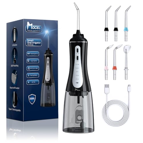 MOCEL Black Water Dental Flosser with 5 Modes & 6 Tips - Cordless IPX7 Waterproof 350ml