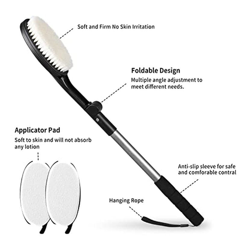 EASACE Body Brush for Back,Lotion Applicator, Long Handle Bath Brush for Showering, Adjustable Head Back Scrubber, Shower Brush with Soft Bristles for Wet or Dry