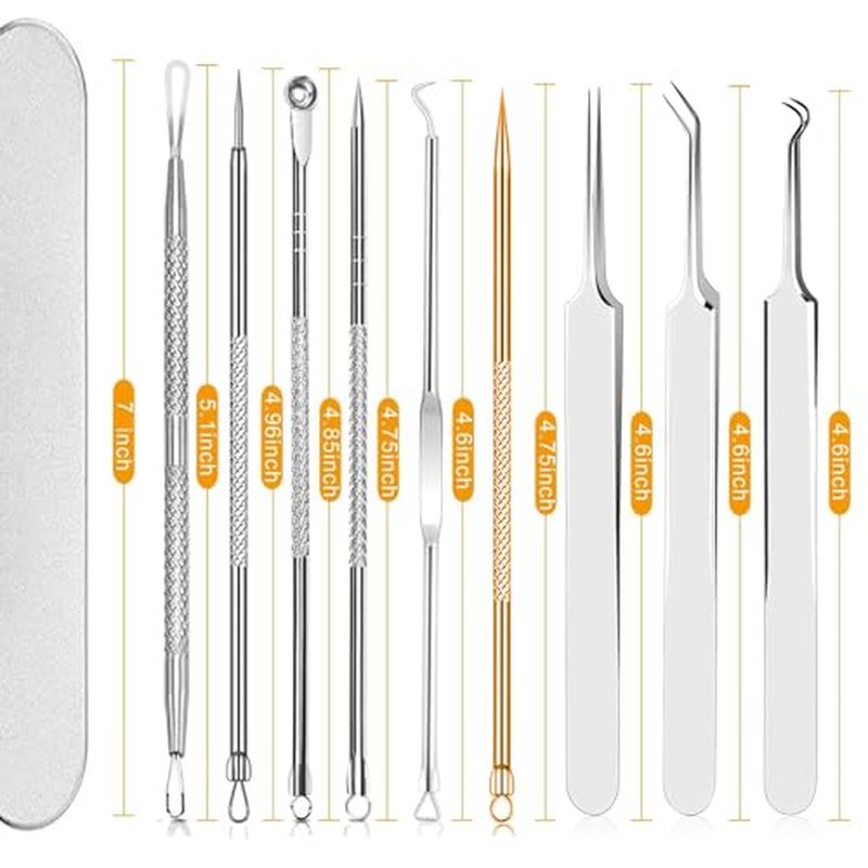 10 Pcs Acssart Blackhead Remover Tools, Acssart Stainless Steel Blackhead Remover Kit, Pimple Popper Tool Kit, Blackhead Tweezers with 15x Magnifying Glass, Metal Case
