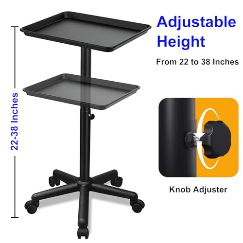Salon Tray on Wheels- Adjustable Salon Service Rolling Tray Suitable for Mayo Stand,Tattoo Tray and Dentist Tray(Black)