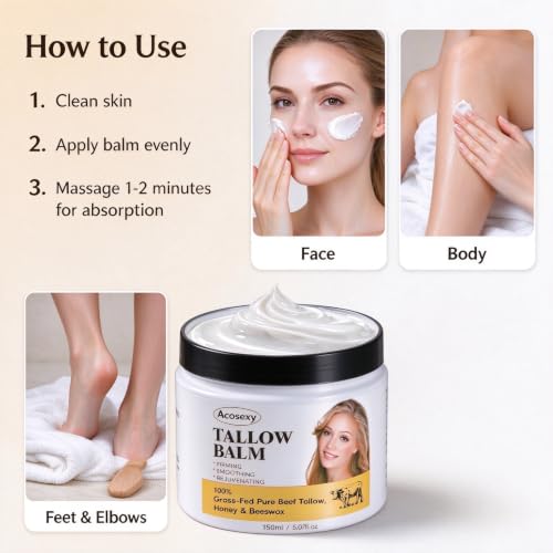 Grass-Fed Beef Tallow & Honey Skin Moisturizer - Deep Hydration Balm, 5.07 Oz