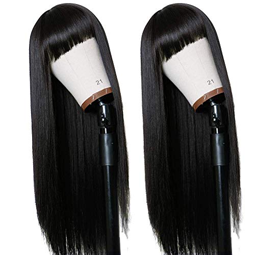 Long Straight Remy Hair Wig 26 Inches Natural Black Heat Resistant Full Machine Wig with Bangs