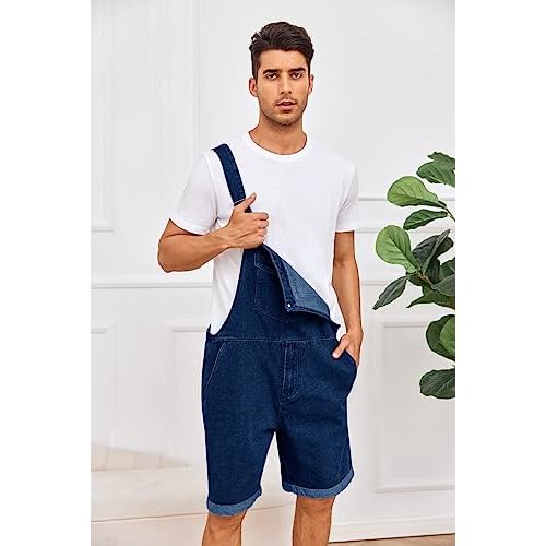 Karlywindow Mens Denim Bib Overall Shorts Loose Fit Summer Walk Shorts Above Knee Length Shortalls Jumpsuit Rompers