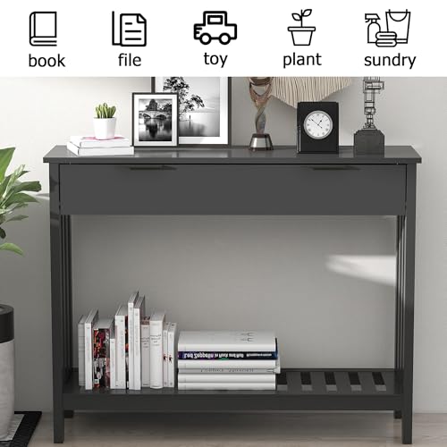 Black Narrow Console Table with Storage - Modern Entryway Sofa Table