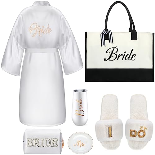Toulite 6 Pcs Bridal Shower Gift Set Including Slide Slippers Wedding Tote Pearl Rhinestone Cosmetic Bag Bridal Robe Wedding Tumbler Ceramic Jewelry Dish Tray for Engagement Bachelorette Party