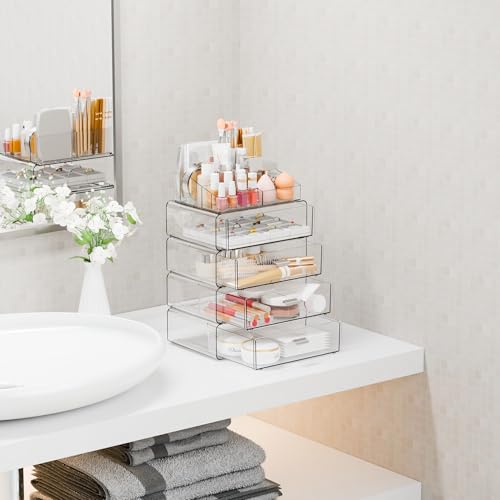 Yieach 4-Drawer Clear Acrylic Makeup Organizer with 5 Tiers for Countertop Storage