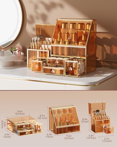 CoralHouse Amber Glass Makeup Organizer Set with Brush Holder & Storage