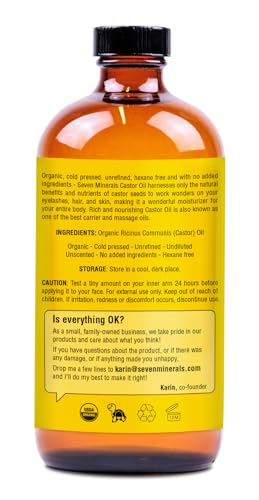 Seven Minerals Organic Castor Oil 16oz Glass Bottle Pack of 2 - Cold Pressed & Hexane Free
