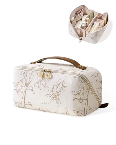 EACHY Travel Makeup Bag - Floral Cosmetic Organizer for Women, Beige, Large, AB-Beige