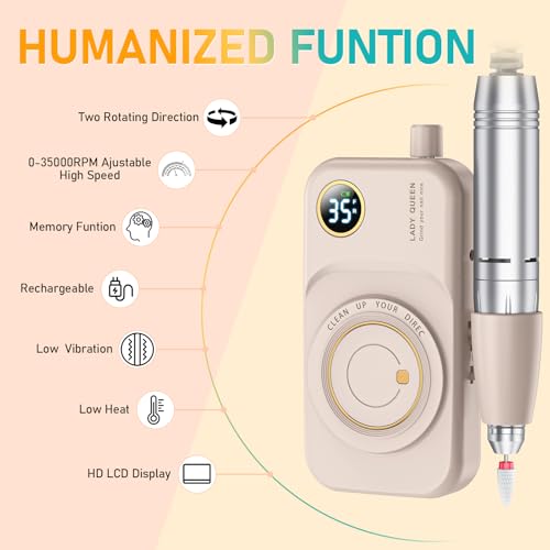 Pink Portable Nail Drill Electric File 35000RPM Rechargeable for Manicure & Salon