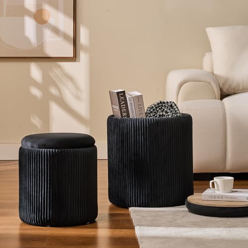Black Velvet Round Ottoman Set of 2 with Storage & Removable Tray