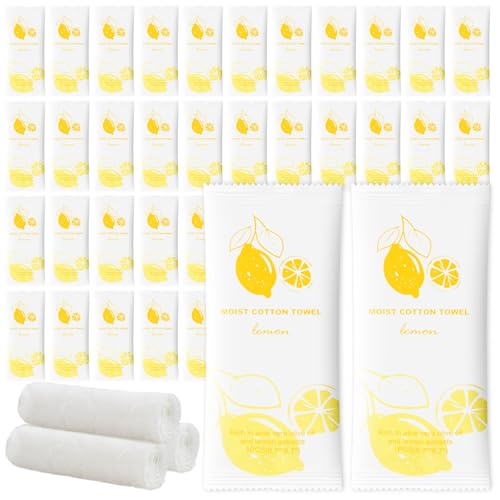 Moist Cotton Towel Bulk Moist Towelettes Individually Wrapped,White Towel Services,Refreshment Pre Moistened Towels for Dentist Travel Sport Party Hotel 200,Lemon