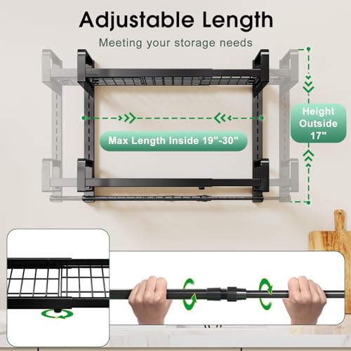 19-30 Inch Expandable Wall Mount Pot Rack with 2 Tiers, 10 Hooks & Lid Holders