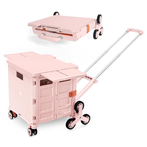 Pink Foldable Utility Cart with Telescopic Handle and 360° Swivel Wheels - Portable Shopping Dolly, Stair-Climbing, Magnetic Lid - PinkPro